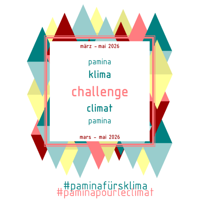 Ein weißes Quadrat mit der Inschrift PAMINA Klima Challenge hinterlegt von bunten Rauten.